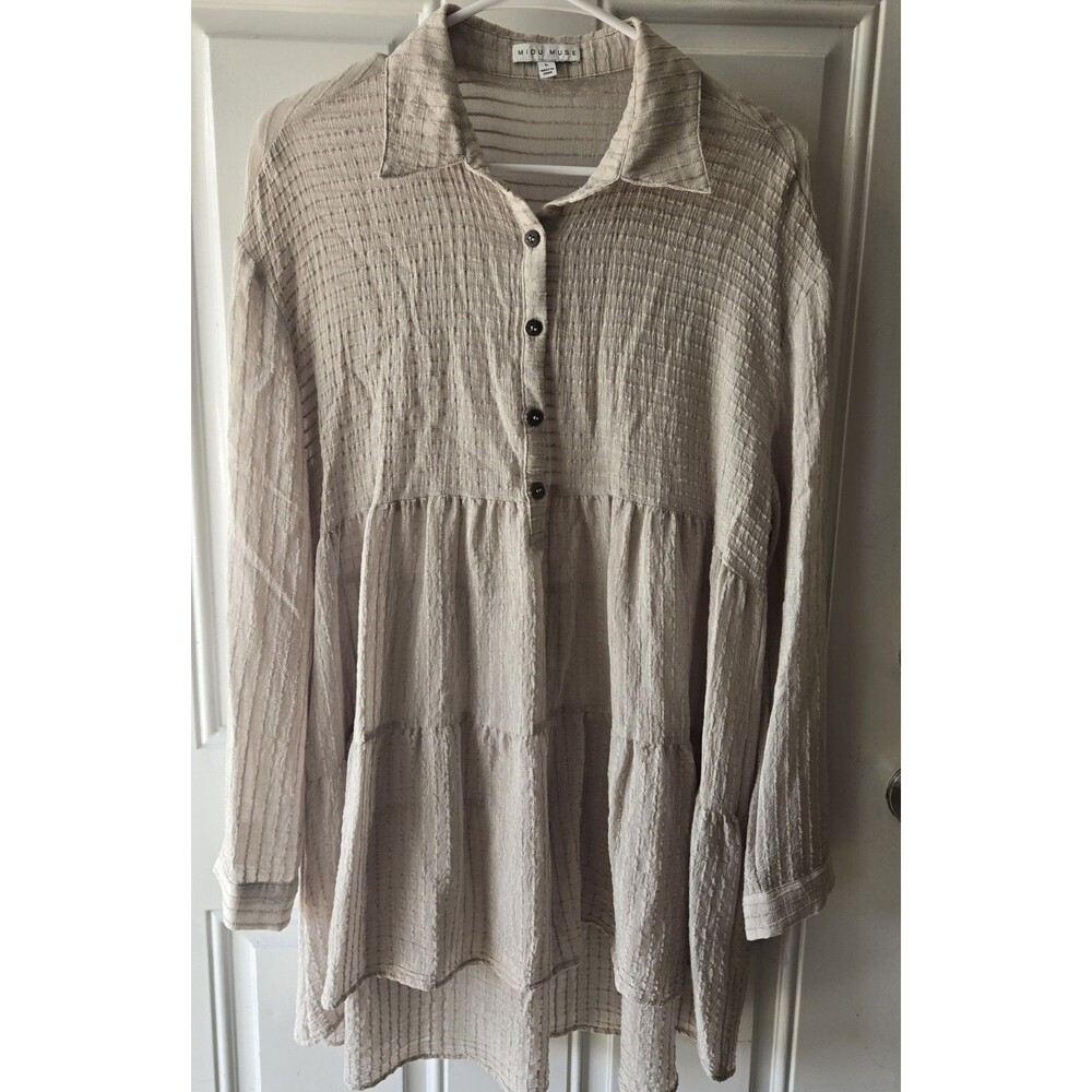 Miou Muse Crinkle Tiered Blouse Large Ivory Sheer Tunic Boho Beachy